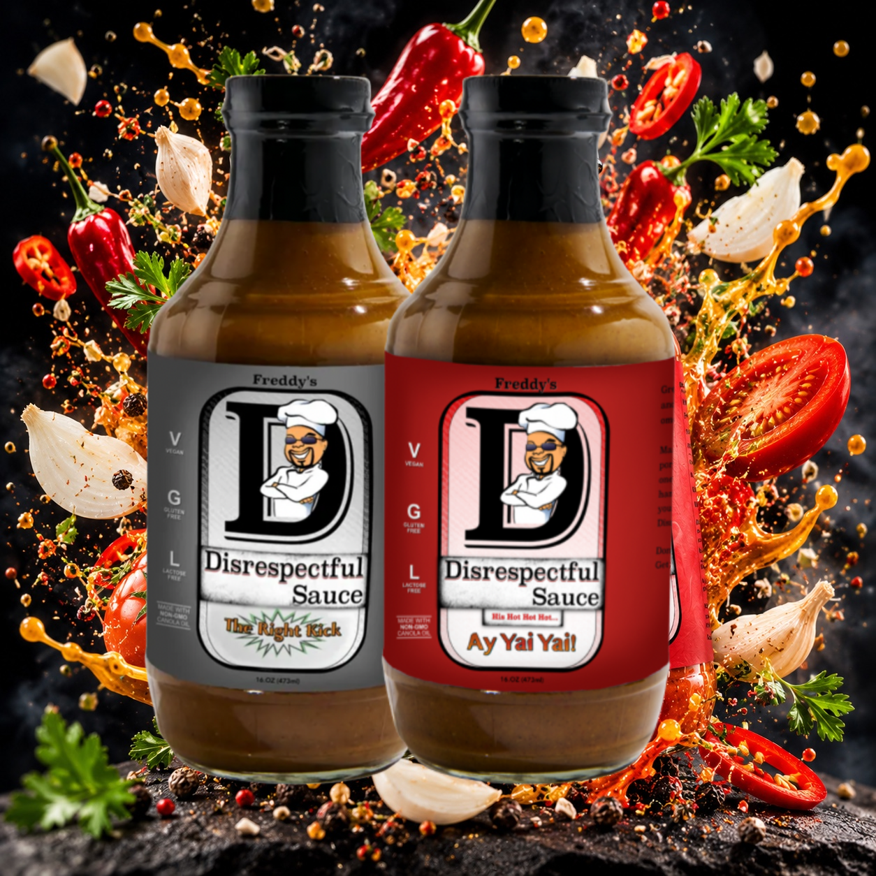 Freddy's Disrespectful Sauce bottles with peppers, garlic and herbs